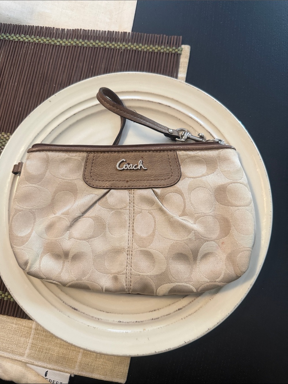 Coach Beige Signature Wristlet with Brown Trim